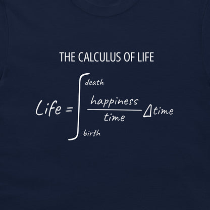 Close-up of a white calculus equation about life and happiness on a navy T-shirt.