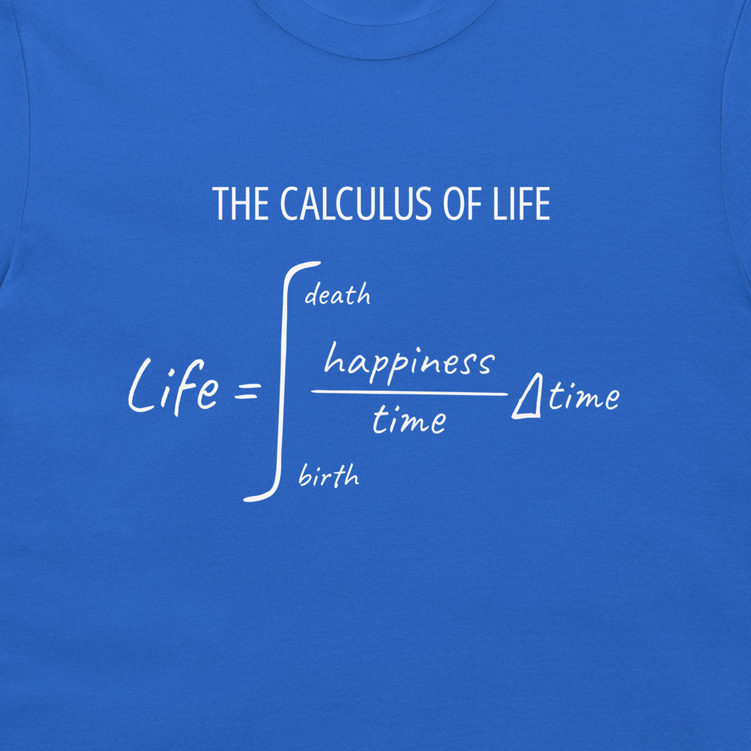 Close-up of The Calculus of Life integral equation on a royal blue T-shirt.