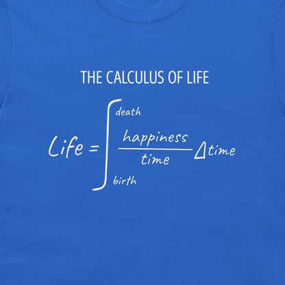 Close-up of The Calculus of Life integral equation on a royal blue T-shirt.