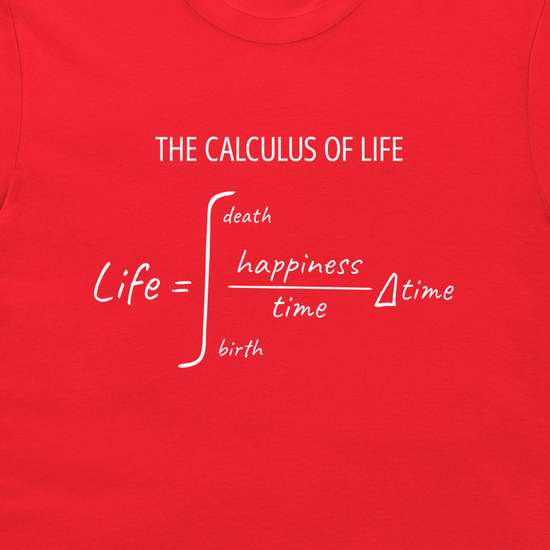 Close-up of the white Calculus of Life math design printed on a red T-shirt.