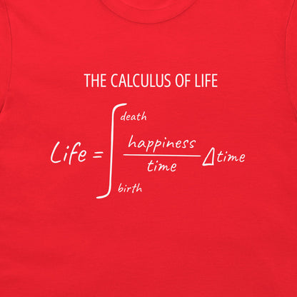 Close-up of the white Calculus of Life math design printed on a red T-shirt.