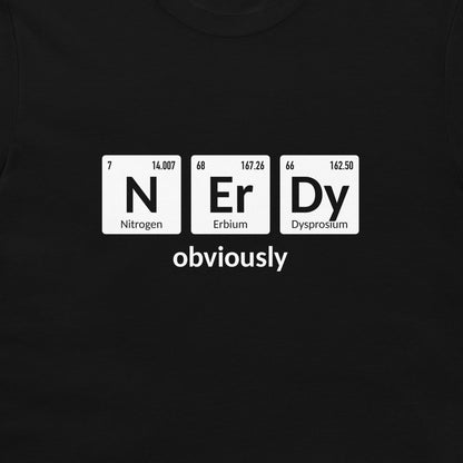 Close-up of NErDy Obviously periodic table chemistry design printed on a black T-shirt