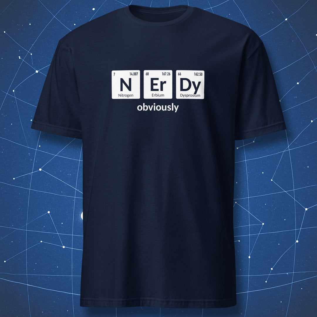 Navy NErDy Obviously chemistry T-shirt with three periodic table element tiles