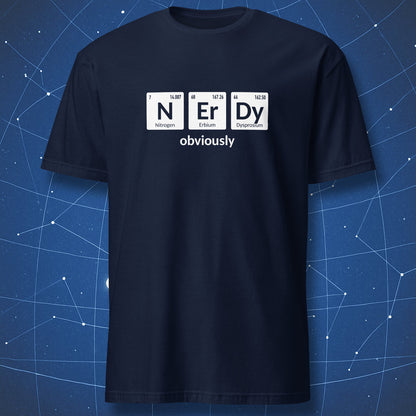 Navy NErDy Obviously chemistry T-shirt with three periodic table element tiles