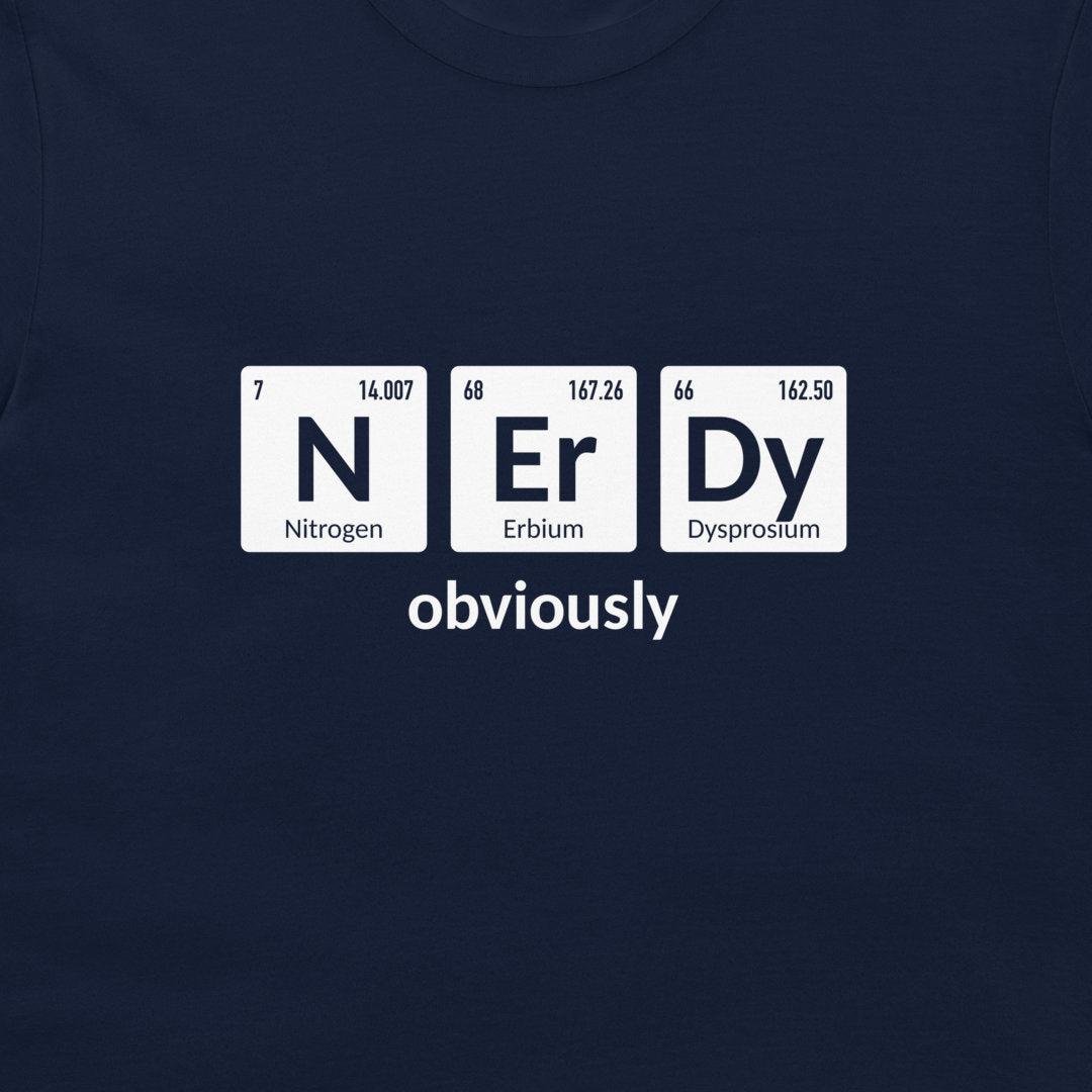 Close-up of nerdy periodic table joke featuring Nitrogen, Erbium, and Dysprosium on navy fabric