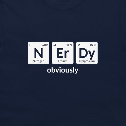 Close-up of nerdy periodic table joke featuring Nitrogen, Erbium, and Dysprosium on navy fabric
