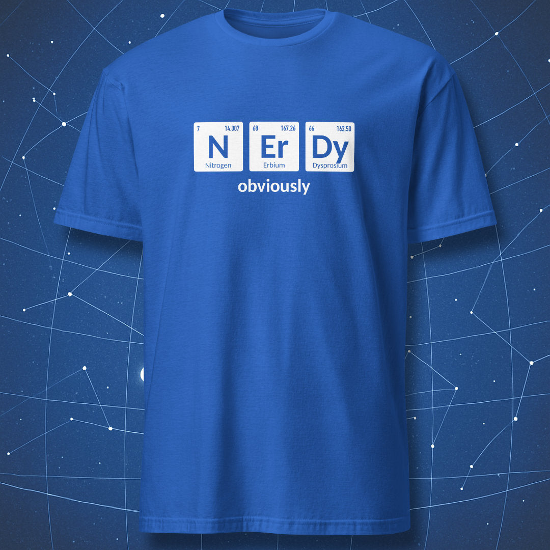 Royal blue NErDy Obviously T-shirt featuring a funny periodic table chemistry pun