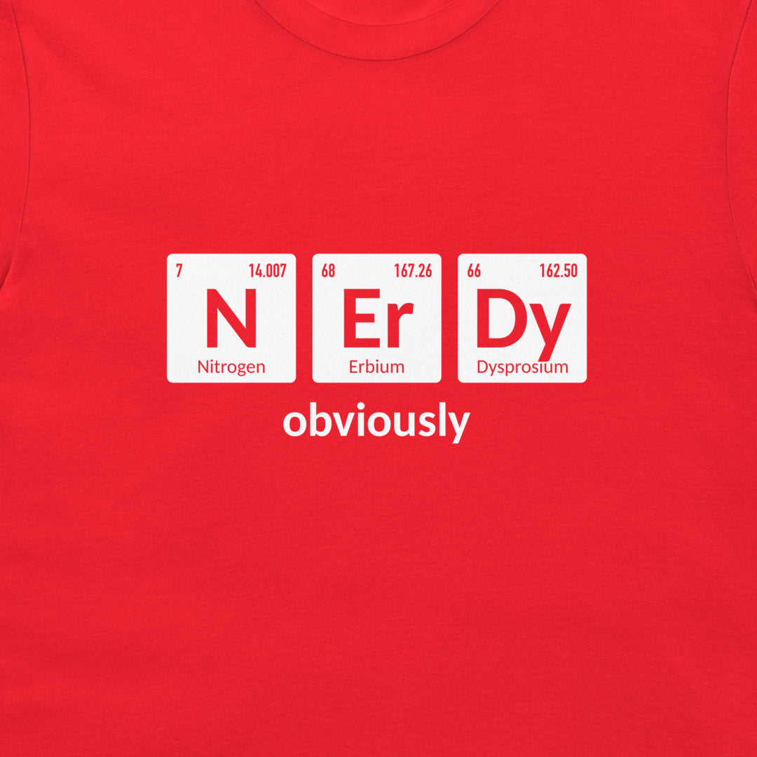 Close-up of Nitrogen, Erbium, and Dysprosium spelling nerdy on a red T-shirt