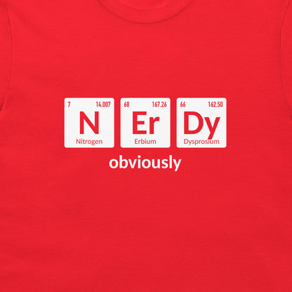 Close-up of Nitrogen, Erbium, and Dysprosium spelling nerdy on a red T-shirt