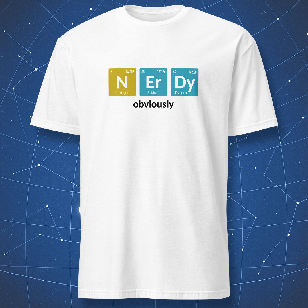 White NErDy Obviously T-shirt with colorful periodic table element tiles