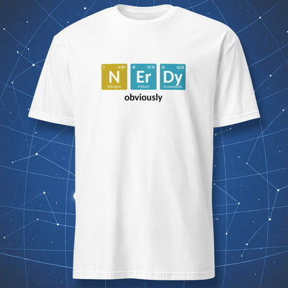 White NErDy Obviously T-shirt with colorful periodic table element tiles