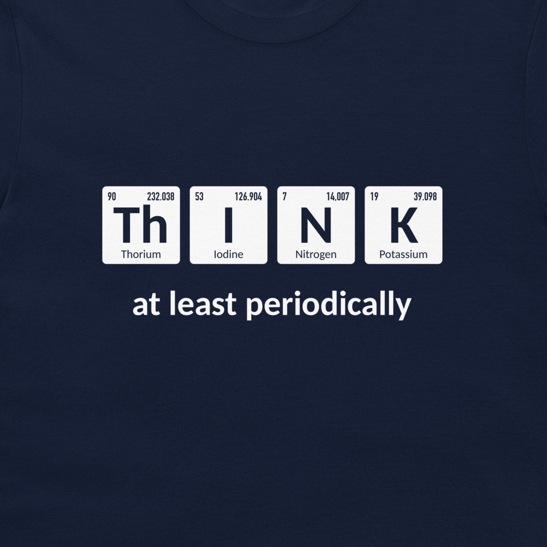 Close-up of periodic table THINK design on a navy blue T-shirt