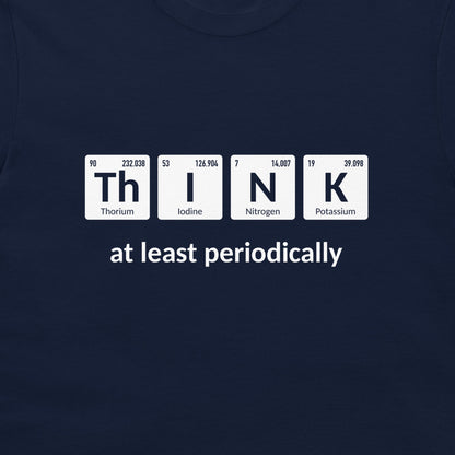 Close-up of periodic table THINK design on a navy blue T-shirt