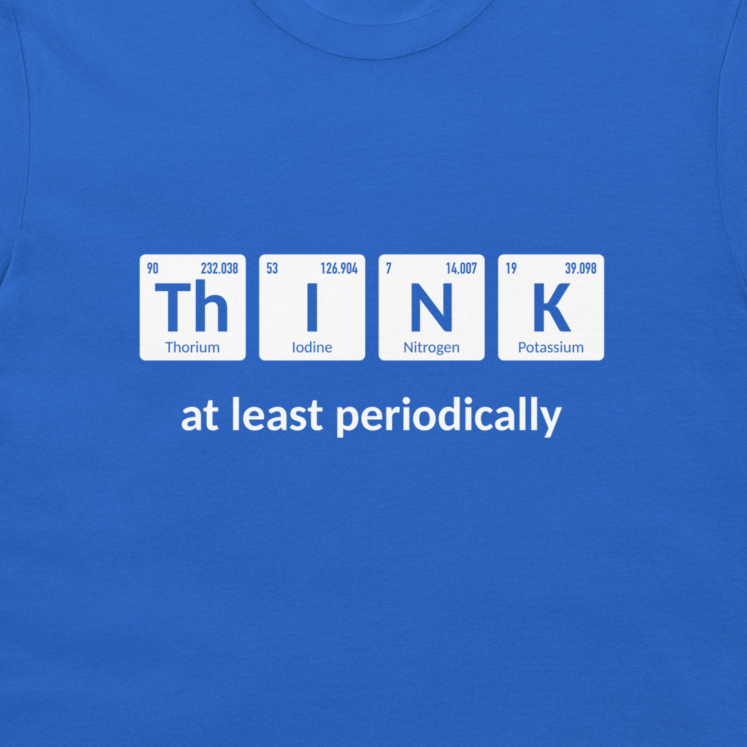 Close-up of funny chemistry periodic table design on a royal blue T-shirt