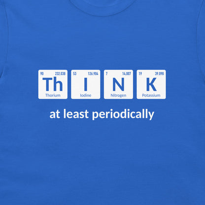 Close-up of funny chemistry periodic table design on a royal blue T-shirt