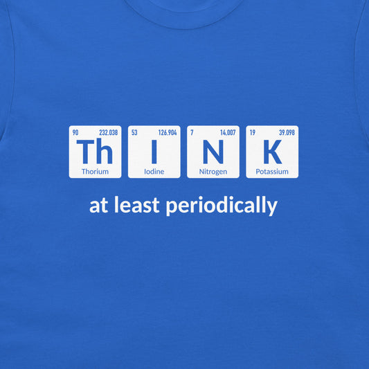 Close-up of funny chemistry periodic table design on a royal blue T-shirt