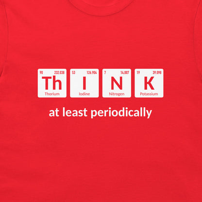 Close-up of white periodic table THINK design printed on a red T-shirt