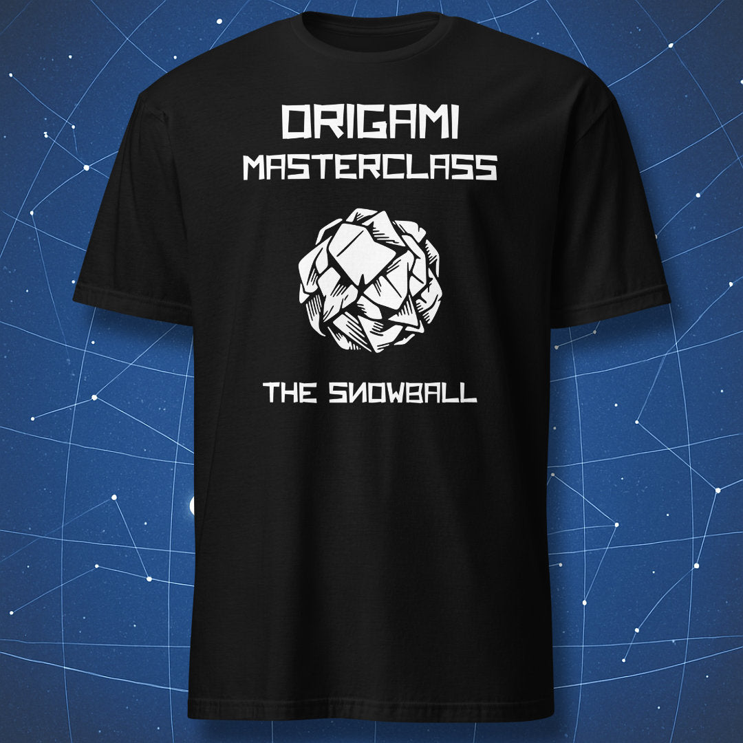 Black T-shirt with Origami Masterclass The Snowball design featuring a crumpled paper ball