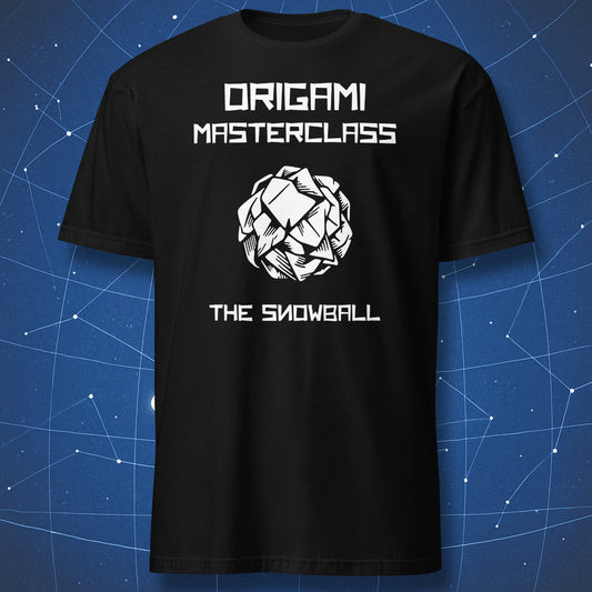 Black T-shirt with Origami Masterclass The Snowball design featuring a crumpled paper ball