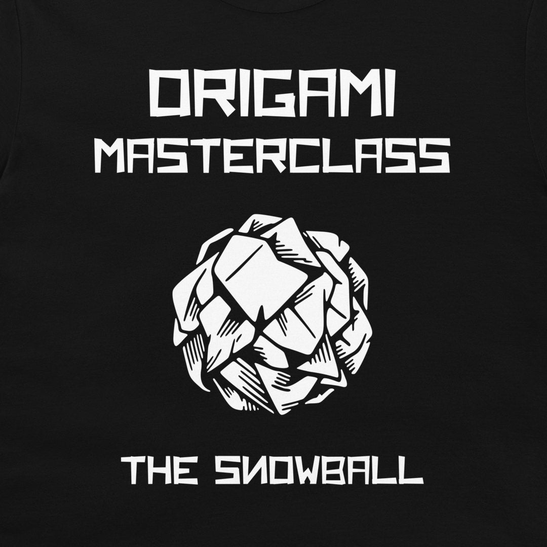 Close-up of white Origami Masterclass The Snowball graphic on a black T-shirt
