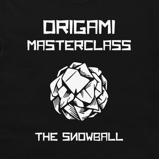 Close-up of white Origami Masterclass The Snowball graphic on a black T-shirt