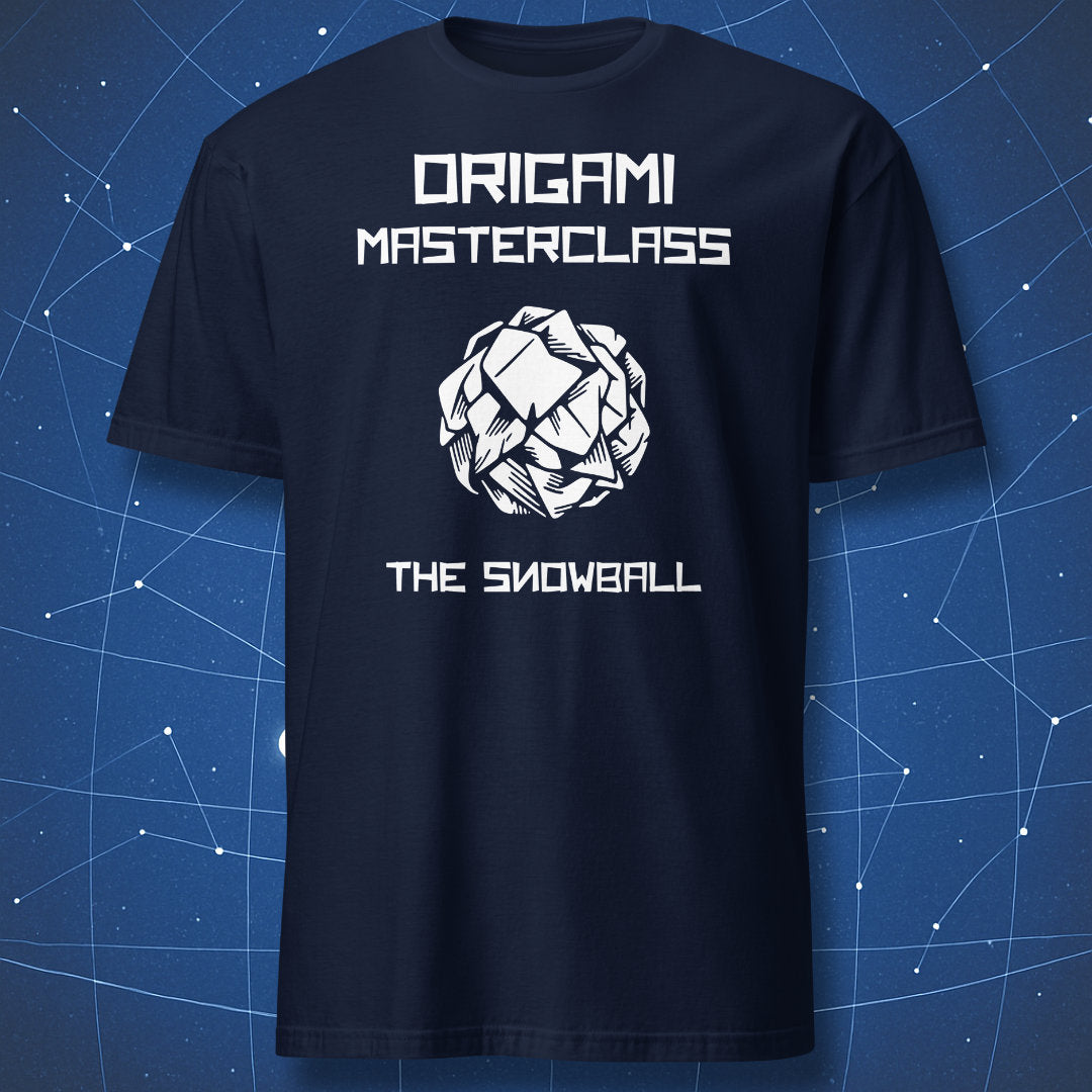 Navy T-shirt with funny Origami Masterclass The Snowball paper-folding design
