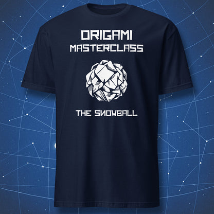 Navy T-shirt with funny Origami Masterclass The Snowball paper-folding design