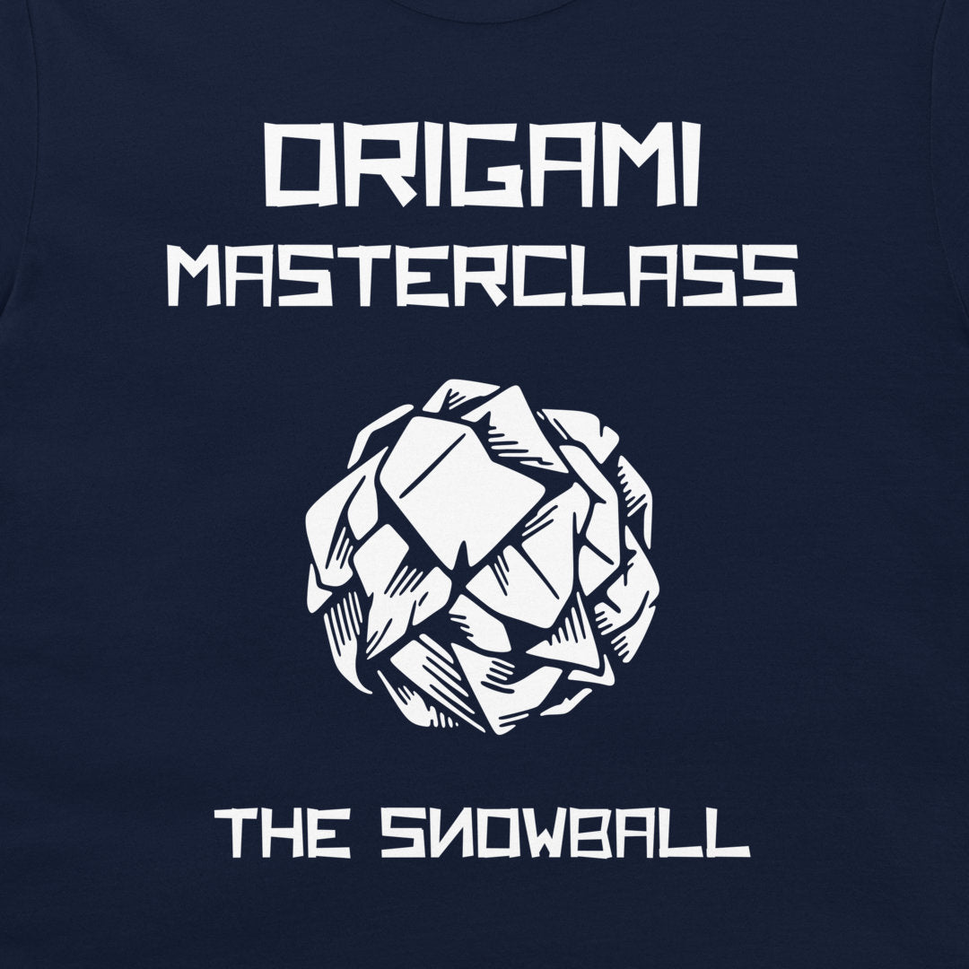 Close-up of Origami Masterclass The Snowball graphic printed in white on navy fabric