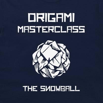 Close-up of Origami Masterclass The Snowball graphic printed in white on navy fabric