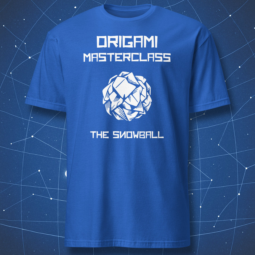 Royal blue T-shirt featuring Origami Masterclass The Snowball and a crumpled paper illustration