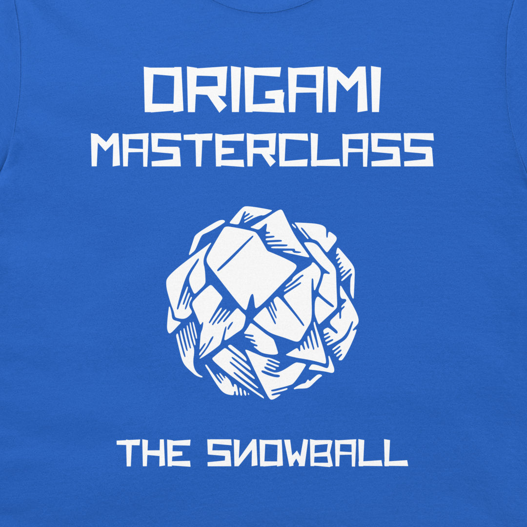 Close-up of white crumpled paper ball and Origami Masterclass text on a royal blue T-shirt
