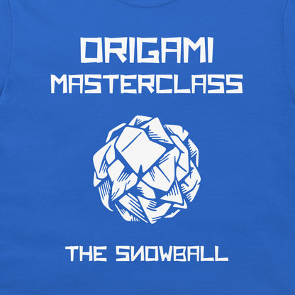 Close-up of white crumpled paper ball and Origami Masterclass text on a royal blue T-shirt