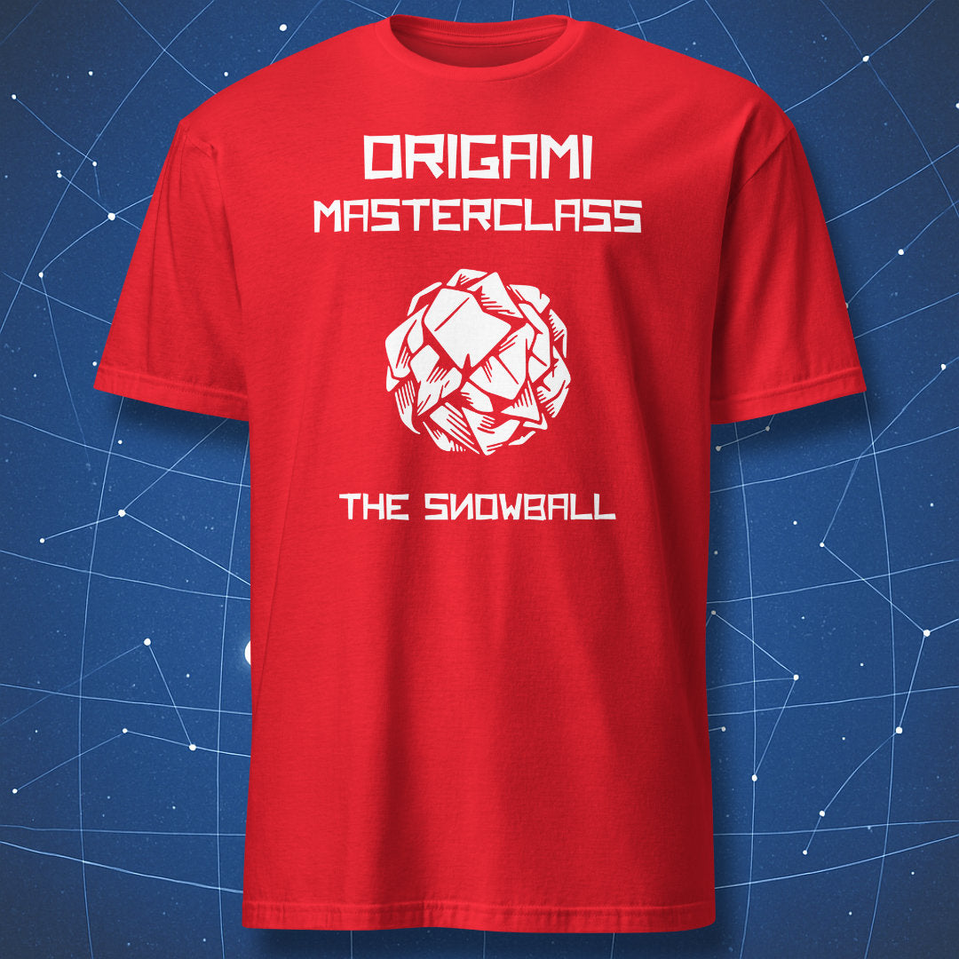 Red T-shirt with Origami Masterclass The Snowball funny paper craft design