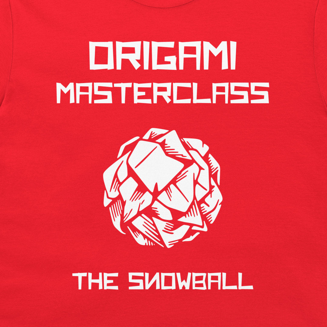 Close-up of Origami Masterclass The Snowball design printed in white on a red T-shirt