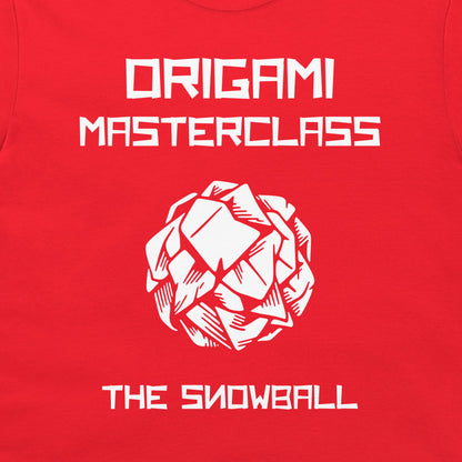 Close-up of Origami Masterclass The Snowball design printed in white on a red T-shirt