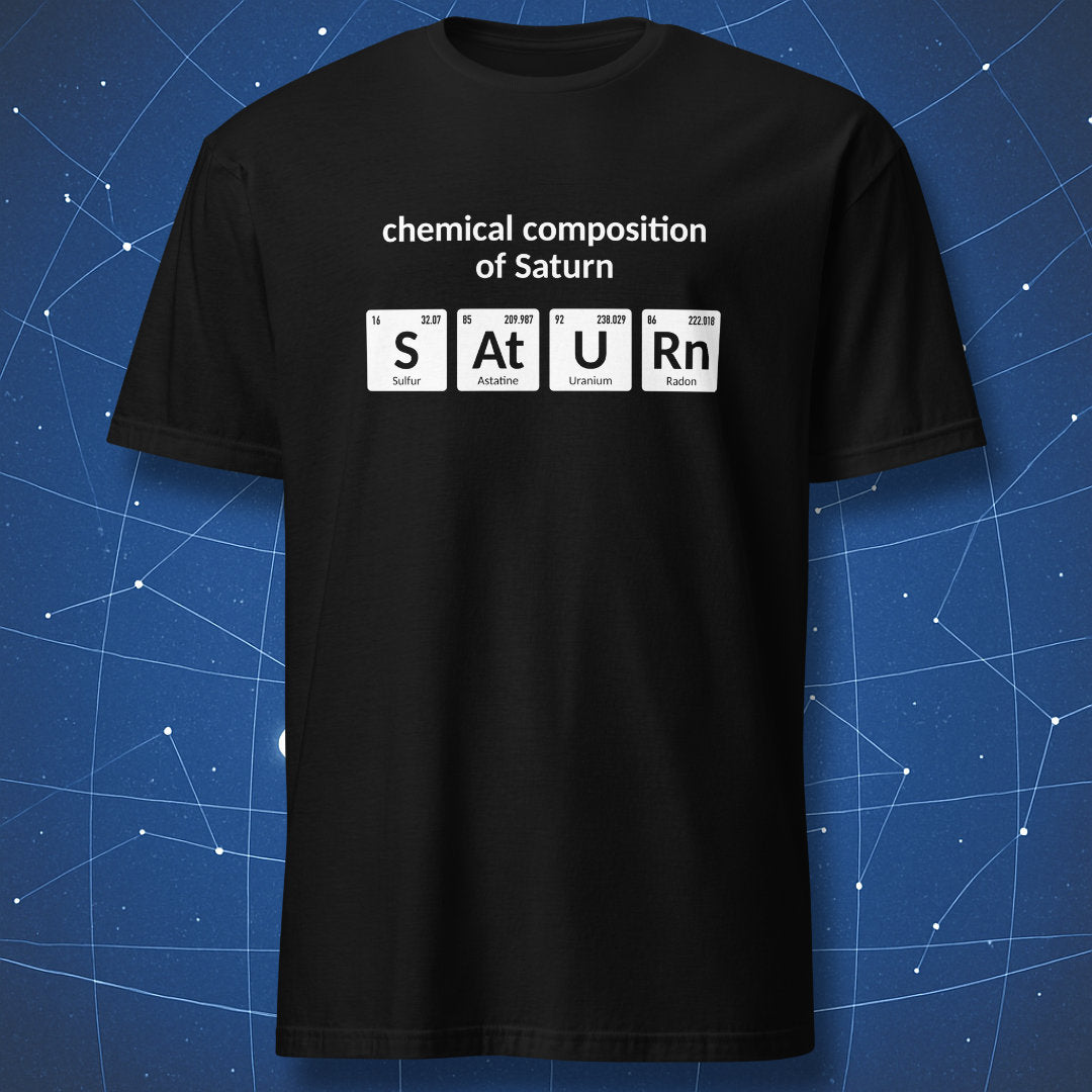 Black Chemical Composition of Saturn T-shirt featuring SATURN spelled with periodic table elements