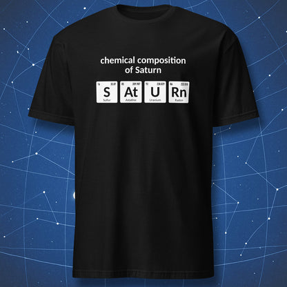 Black Chemical Composition of Saturn T-shirt featuring SATURN spelled with periodic table elements
