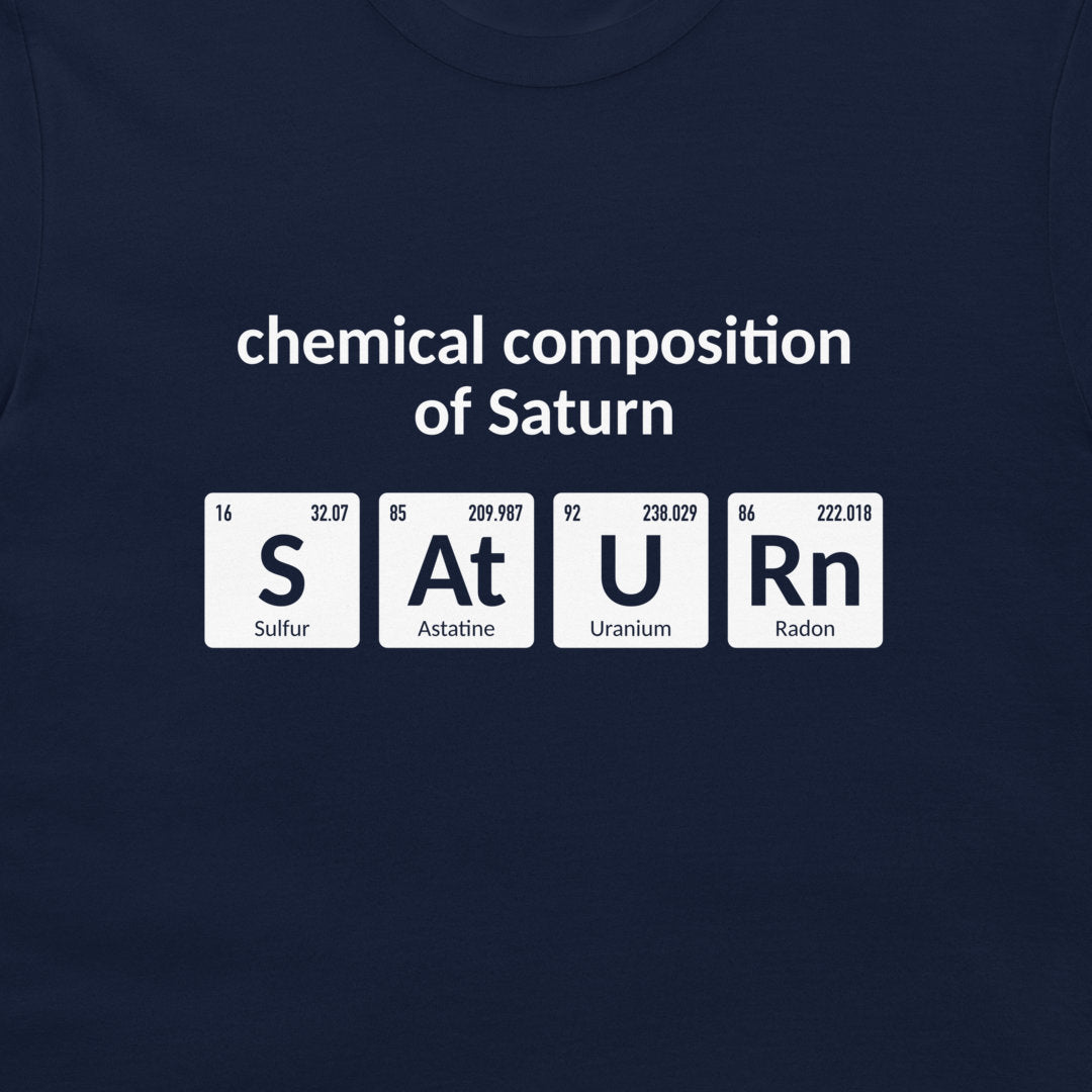 Close-up of SATURN spelled using periodic table symbols on a navy T-shirt