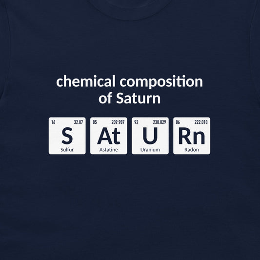 Close-up of SATURN spelled using periodic table symbols on a navy T-shirt