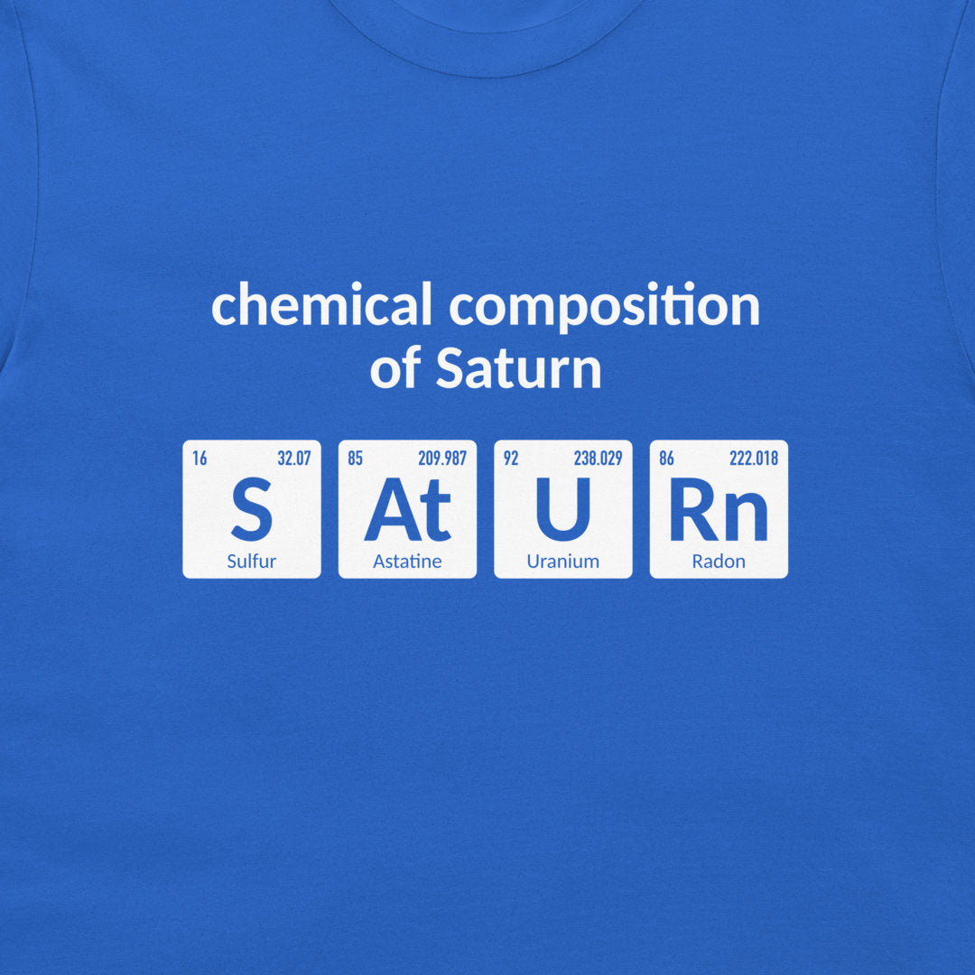 Close-up of periodic table Saturn chemistry joke design on royal blue fabric