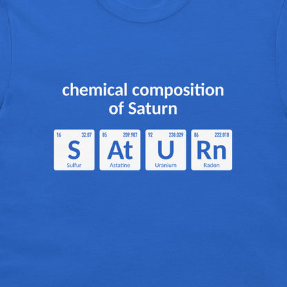 Close-up of periodic table Saturn chemistry joke design on royal blue fabric