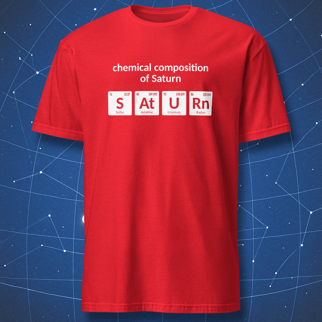 Red Chemical Composition of Saturn science joke T-shirt with periodic table symbols