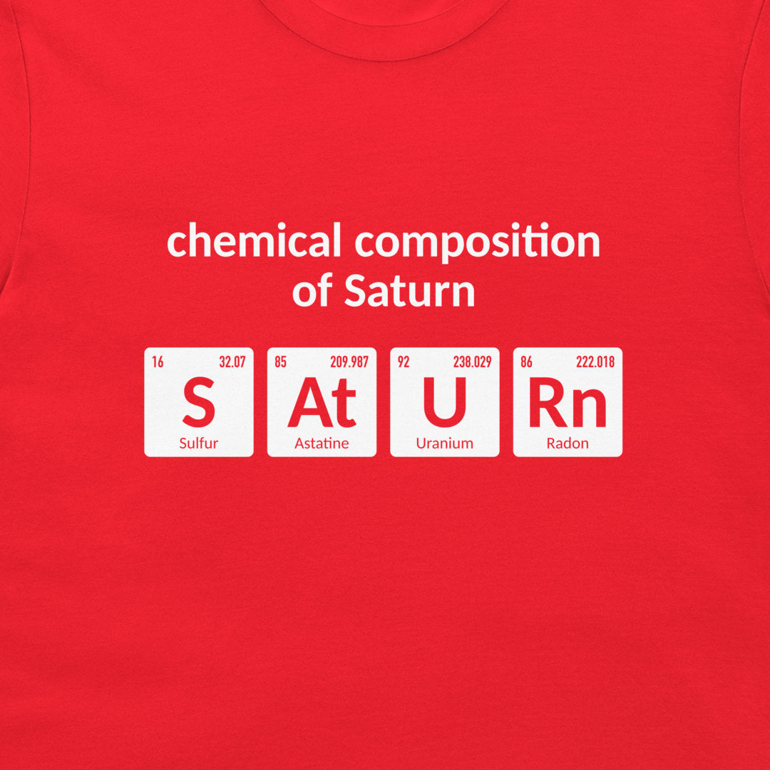 Close-up of SATURN element symbol design printed on a red T-shirt
