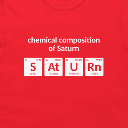 Close-up of SATURN element symbol design printed on a red T-shirt