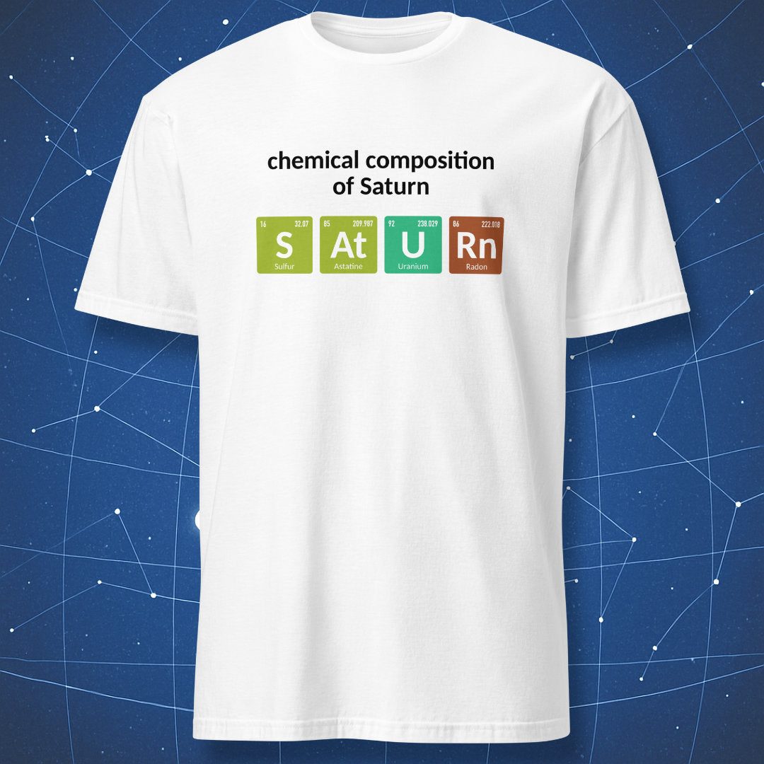 White Chemical Composition of Saturn T-shirt with colorful periodic table element tiles