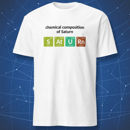 White Chemical Composition of Saturn T-shirt with colorful periodic table element tiles