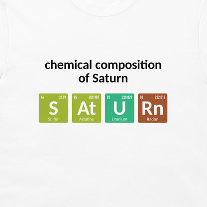 Close-up of colorful SATURN periodic table design on a white T-shirt