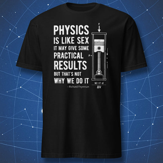Black physics T-shirt featuring a Richard Feynman quote and technical piston diagram