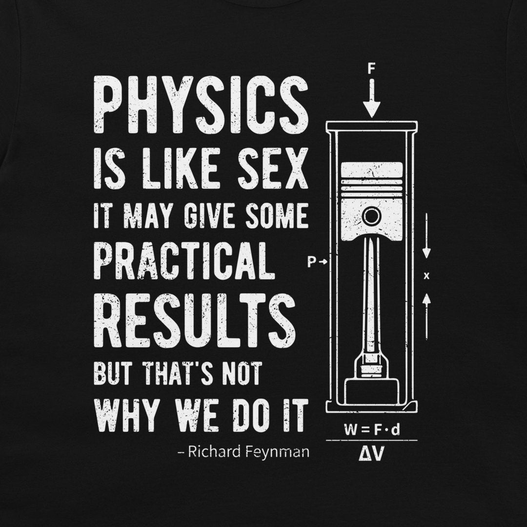 Close-up of white Physics Is Like Sex quote and piston schematic printed on a black T-shirt