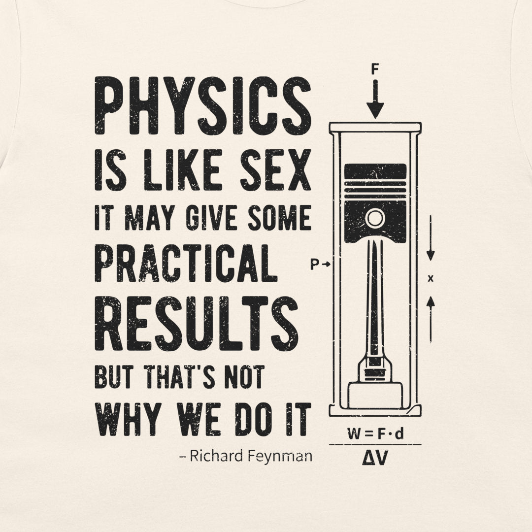 Close-up of black Richard Feynman quote typography and piston diagram on a natural T-shirt